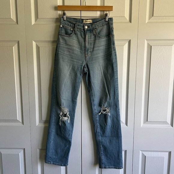 Madewell Perfect Vintage Straight Danby Wash Blue Knee Rip Jeans Women's Size 24 - Picture 3 of 11
